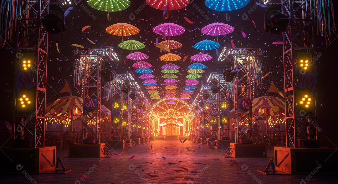 Cenário de festa de Carnaval iluminado.