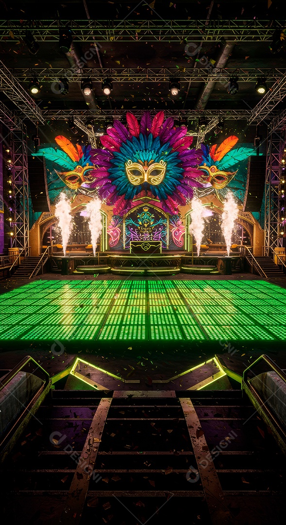 Cenário de festa de Carnaval iluminado.