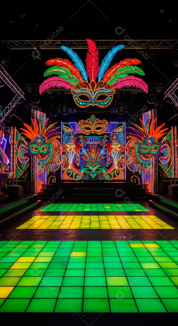 Cenário de festa de Carnaval iluminado.