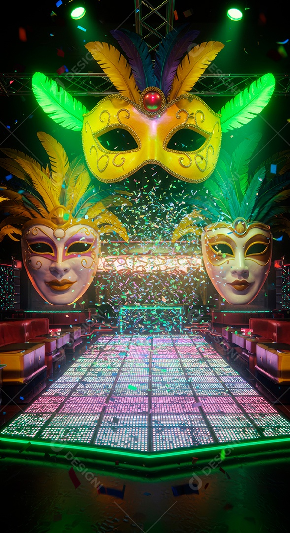 Cenário de festa de Carnaval iluminado.