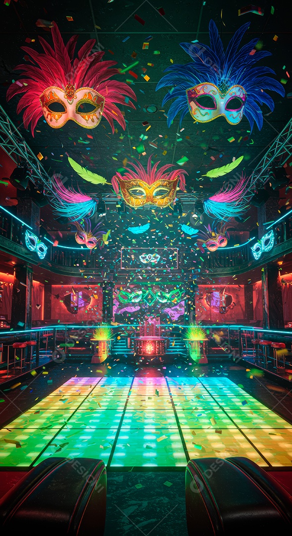 Cenário de festa de Carnaval iluminado.