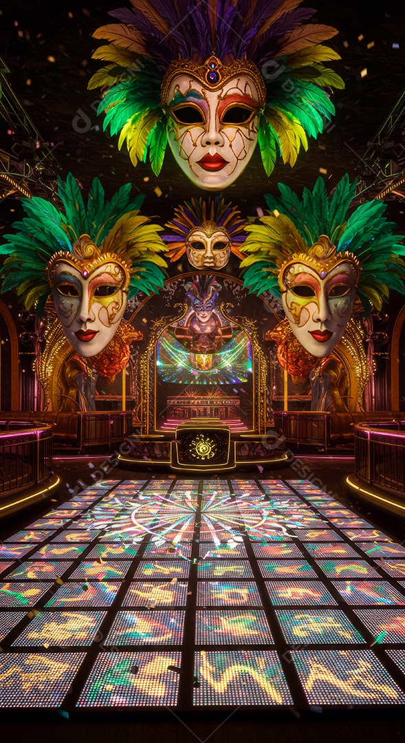 Cenário de festa de Carnaval iluminado.