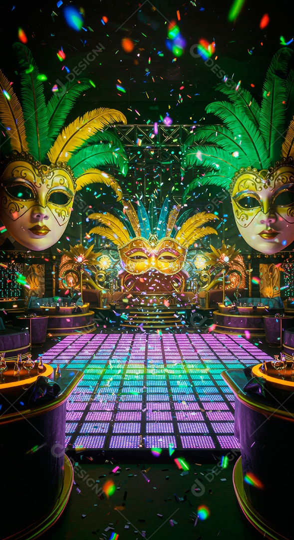 Cenário de festa de Carnaval iluminado.