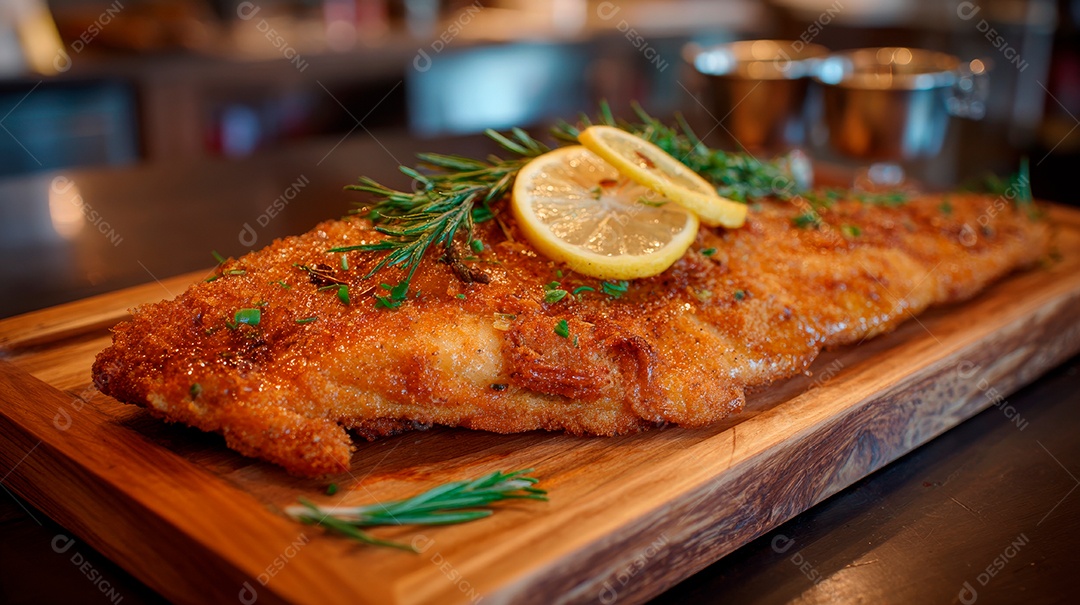 A imagem mostra um peixe inteiro assado ou frito, servido em uma travessa de metal decorada com folhas verdes e rodelas de limão.