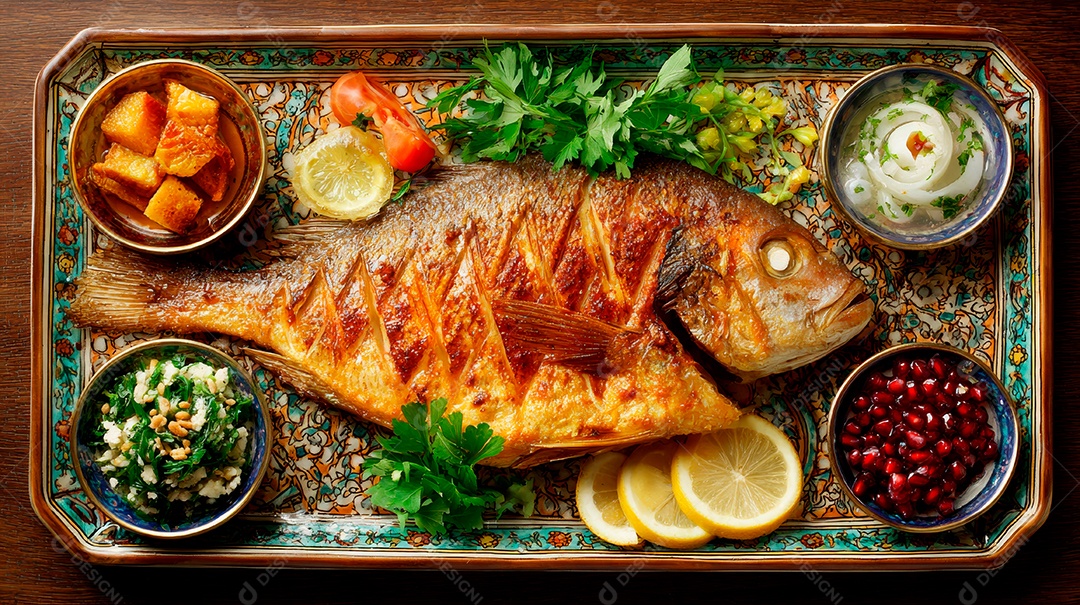 A imagem mostra um peixe inteiro assado ou frito, servido em uma travessa de metal decorada com folhas verdes e rodelas de limão.