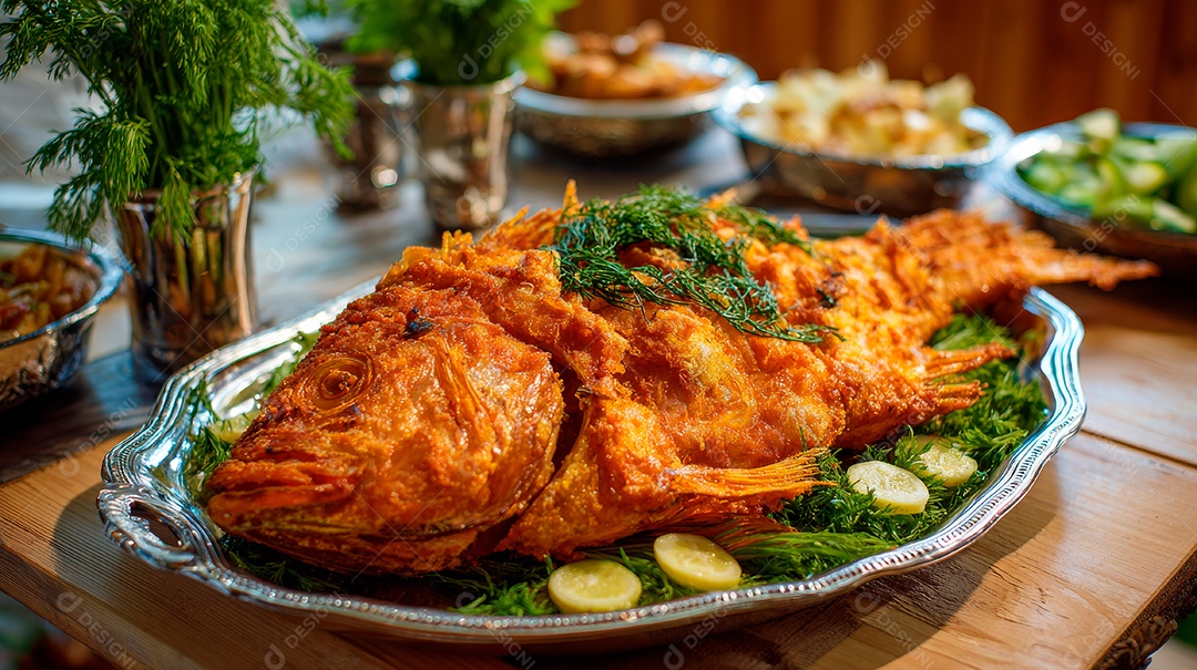 A imagem mostra um peixe inteiro assado ou frito, servido em uma travessa de metal decorada com folhas verdes e rodelas de limão.