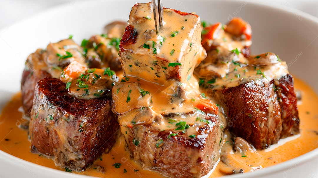 A imagem mostra um prato de comida sendo regado com um molho cremoso de um recipiente.