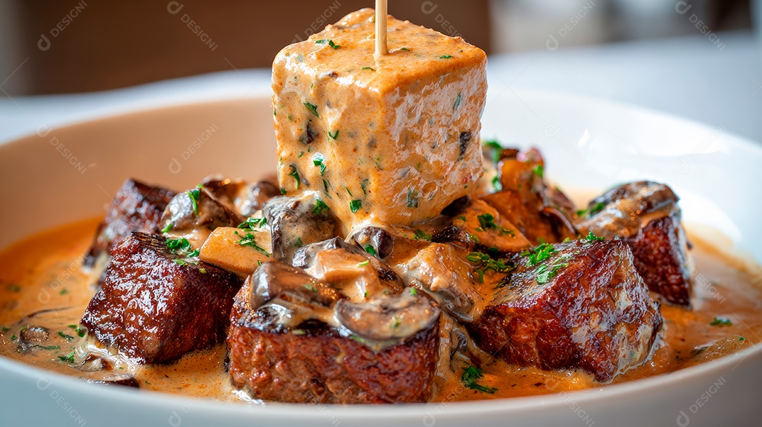 A imagem mostra um prato de comida sendo regado com um molho cremoso de um recipiente.
