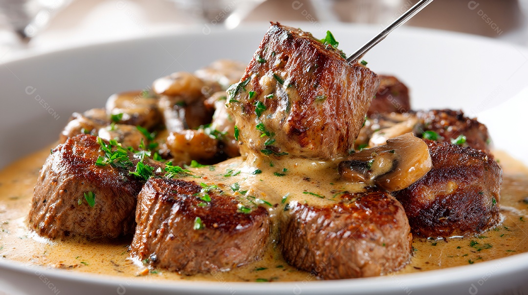 A imagem mostra um prato de comida sendo regado com um molho cremoso de um recipiente.