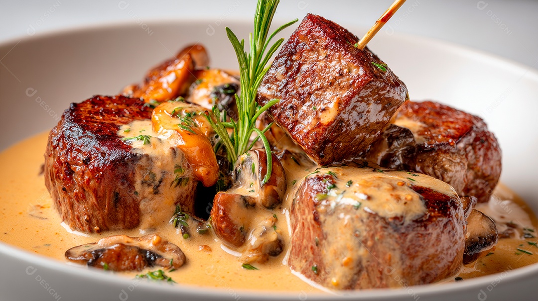 A imagem mostra um prato de comida sendo regado com um molho cremoso de um recipiente.