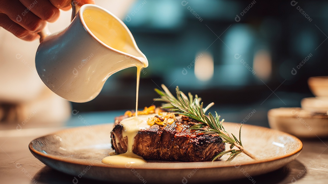 A imagem mostra um prato de comida sendo regado com um molho cremoso de um recipiente.