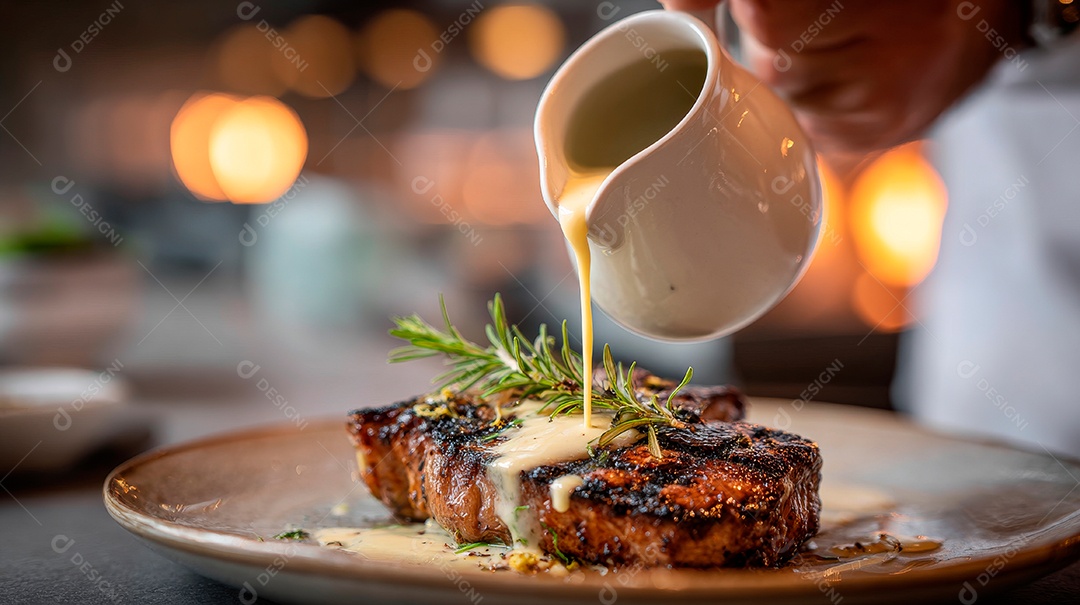 A imagem mostra um prato de comida sendo regado com um molho cremoso de um recipiente.