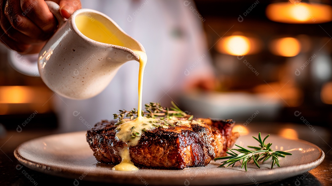 A imagem mostra um prato de comida sendo regado com um molho cremoso de um recipiente.