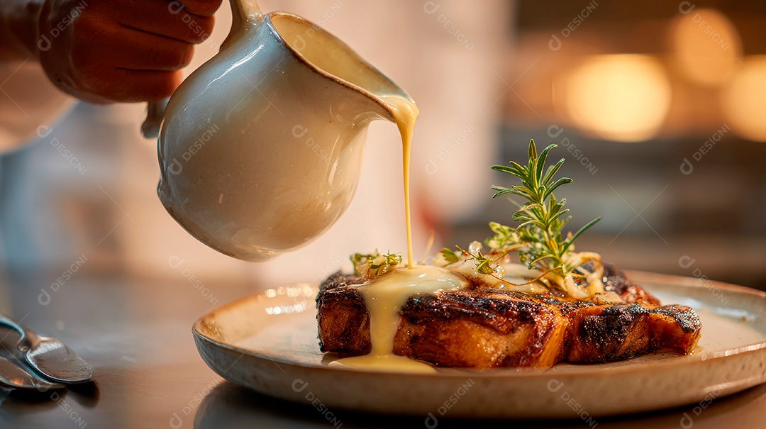 A imagem mostra um prato de comida sendo regado com um molho cremoso de um recipiente.