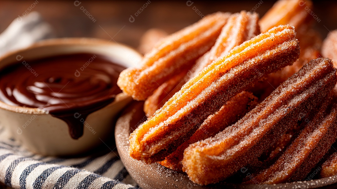 A imagem mostra churros com molho de chocolate..