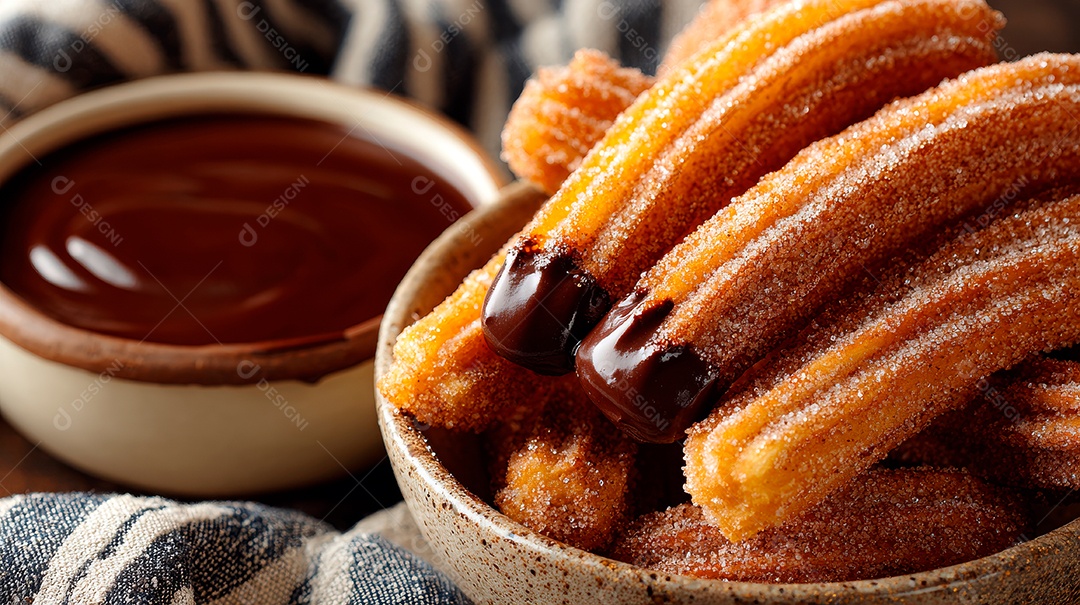 A imagem mostra churros com molho de chocolate..