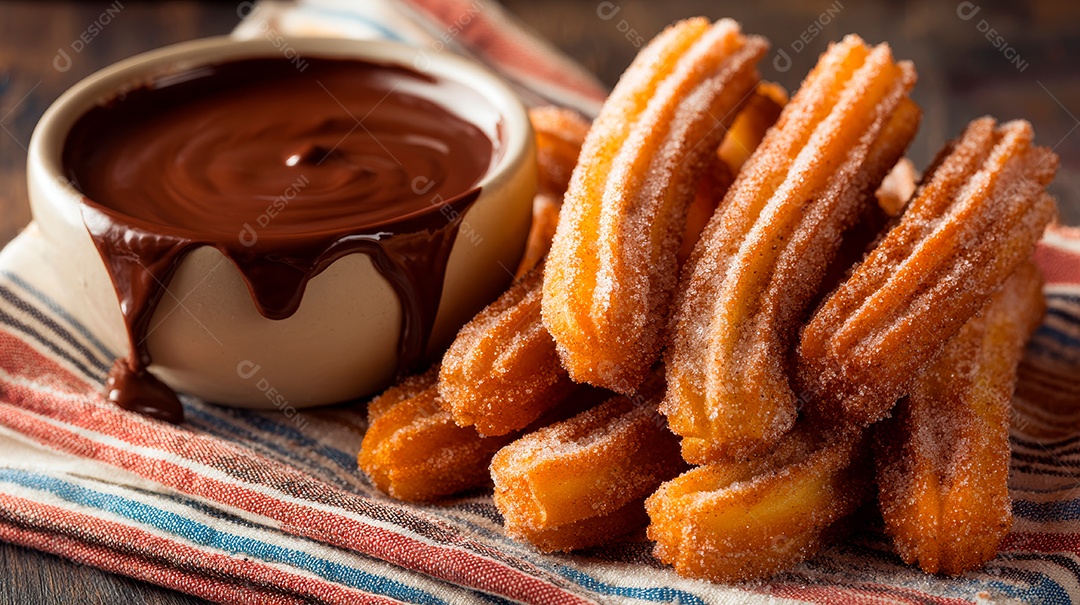 A imagem mostra churros com molho de chocolate..