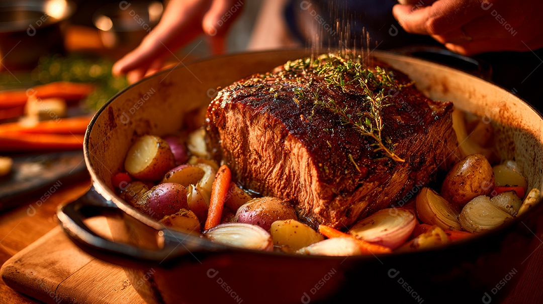 A imagem mostra um rosbife sendo preparado em uma panela com legumes variados, como batatas e cenouras..