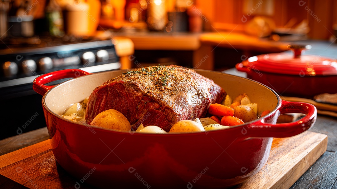 A imagem mostra um rosbife sendo preparado em uma panela com legumes variados, como batatas e cenouras..