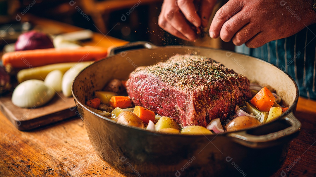 A imagem mostra um rosbife sendo preparado em uma panela com legumes variados, como batatas e cenouras..