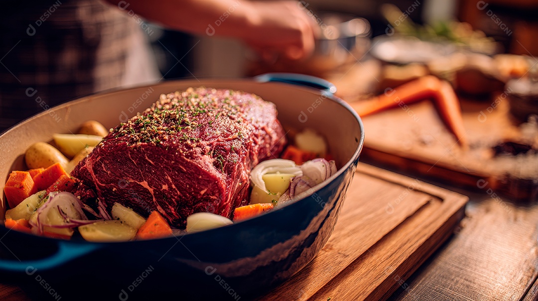 A imagem mostra um rosbife sendo preparado em uma panela com legumes variados, como batatas e cenouras..