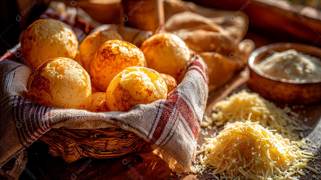 A imagem mostra pão de queijo, um alimento tradicional brasileiro, especialmente popular em Minas Gerais..