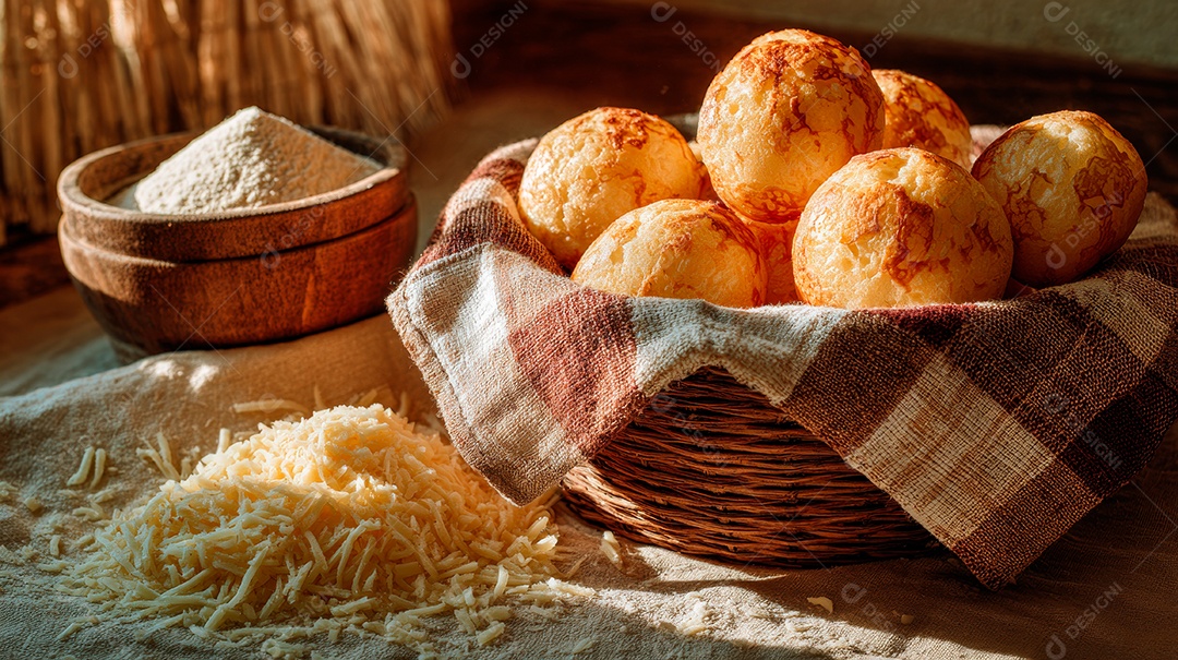 A imagem mostra pão de queijo, um alimento tradicional brasileiro, especialmente popular em Minas Gerais..