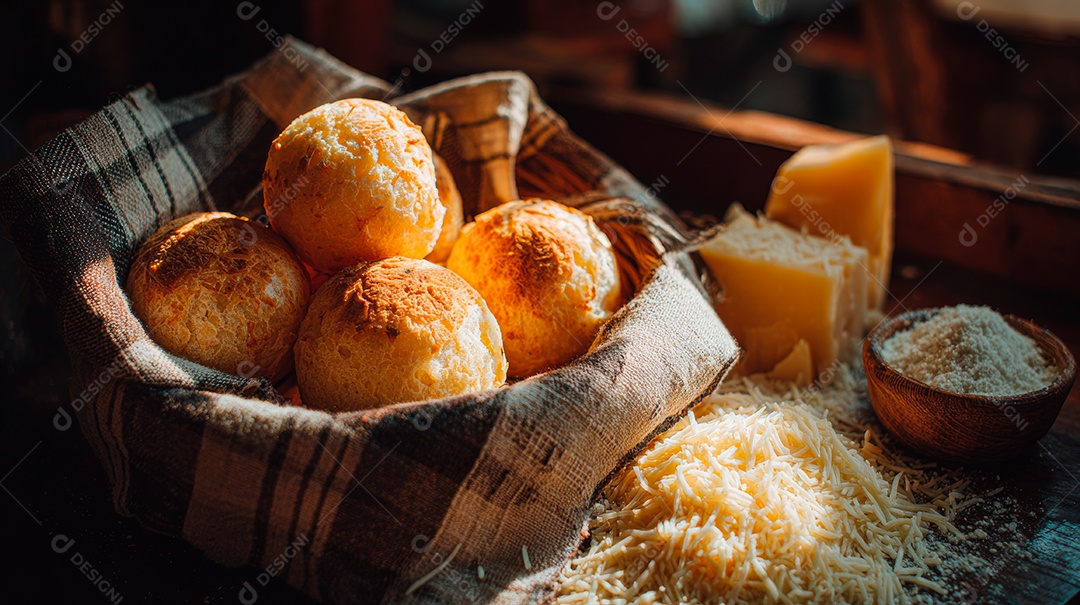 A imagem mostra pão de queijo, um alimento tradicional brasileiro, especialmente popular em Minas Gerais..