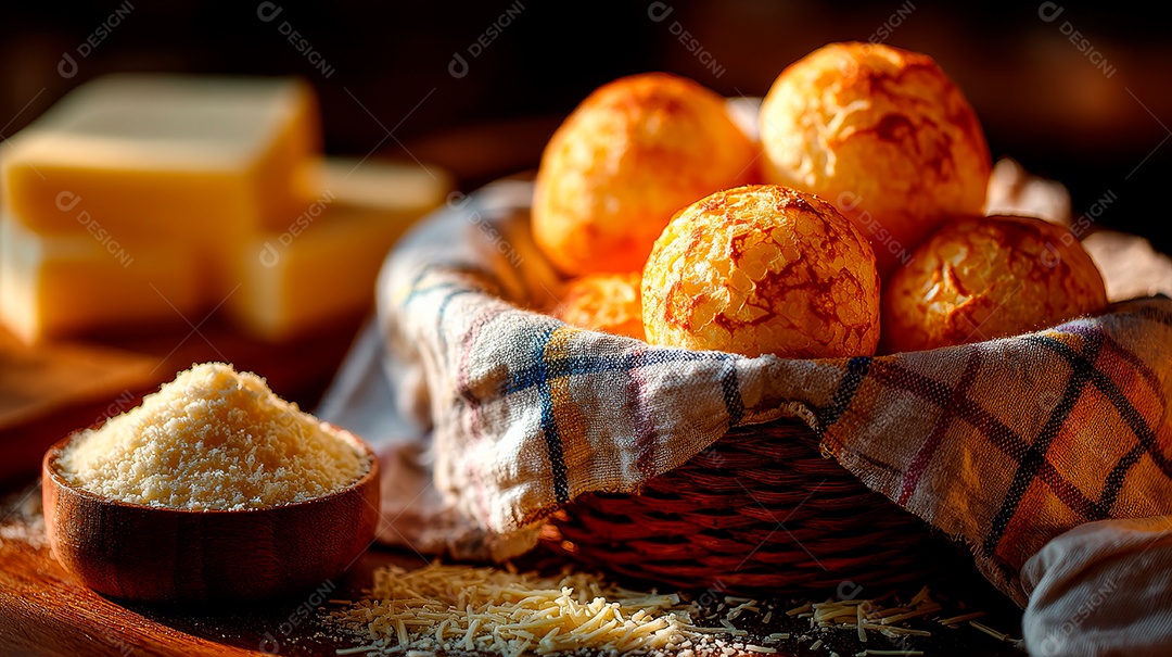 A imagem mostra pão de queijo, um alimento tradicional brasileiro, especialmente popular em Minas Gerais..