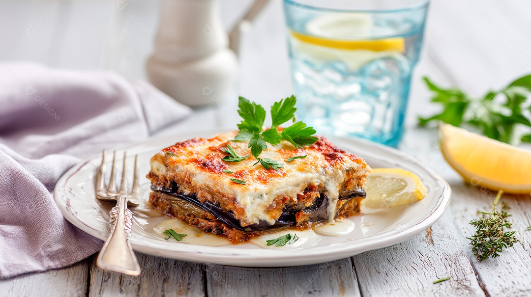 A imagem mostra um pedaço de Moussaka, um prato tradicional.