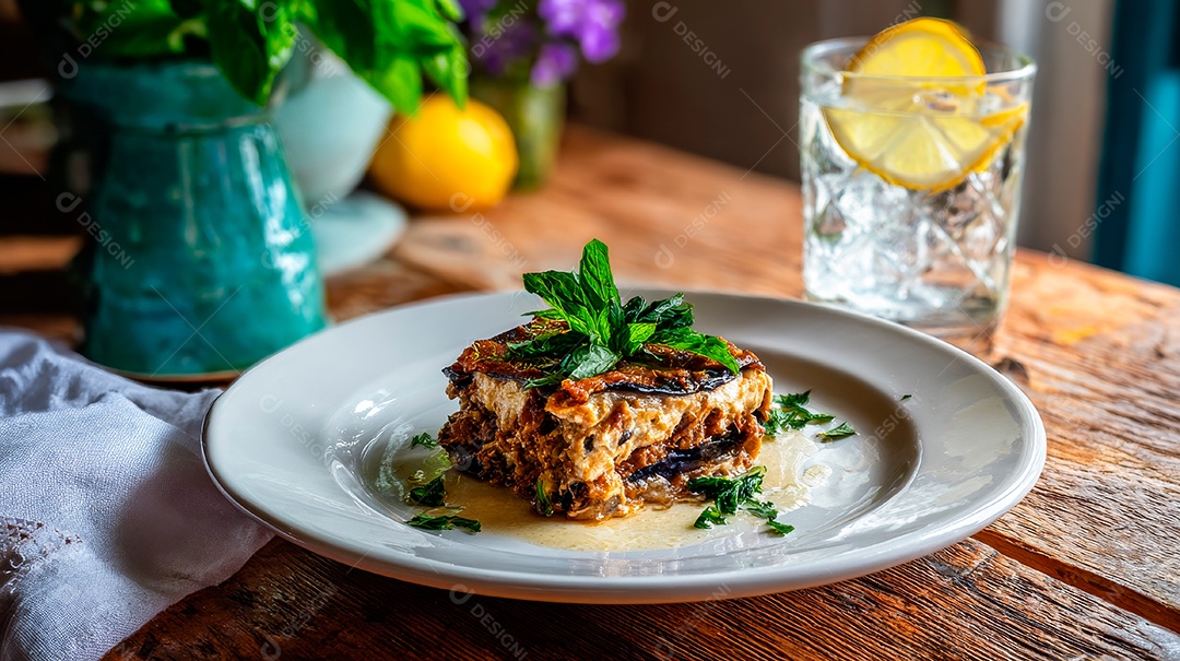 A imagem mostra um pedaço de Moussaka, um prato tradicional.