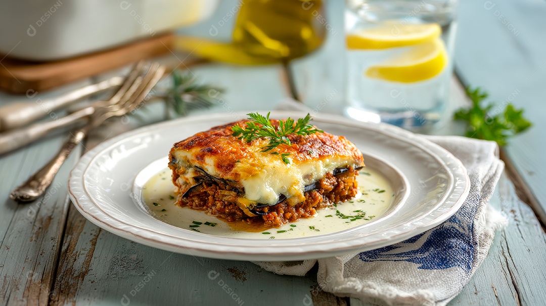 A imagem mostra um pedaço de Moussaka, um prato tradicional.