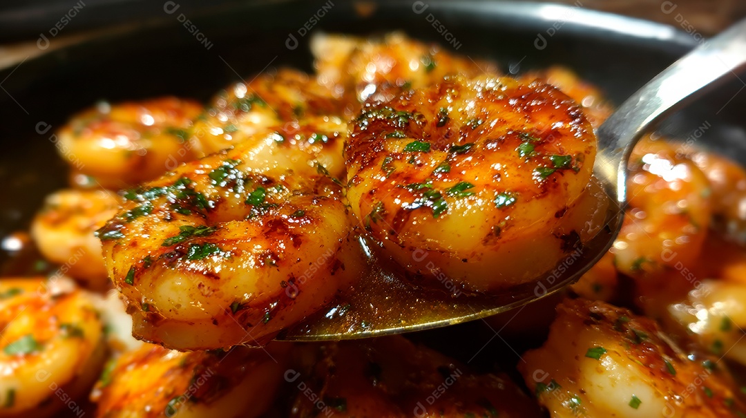 A imagem mostra camarões preparados, provavelmente salteados ou grelhados, e servidos com um molho e temperos.