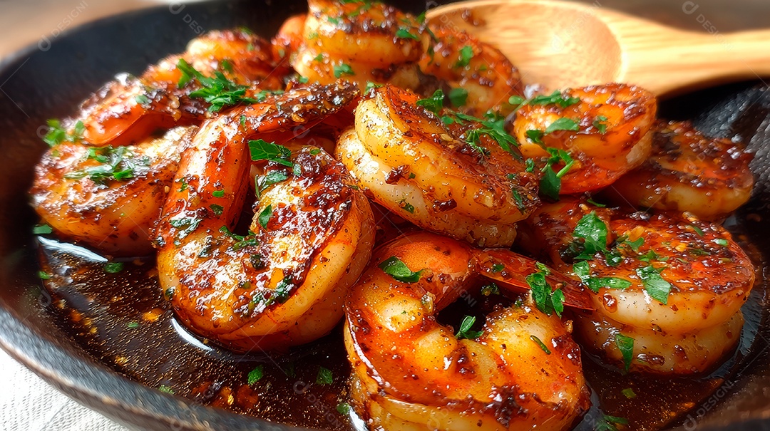 A imagem mostra camarões preparados, provavelmente salteados ou grelhados, e servidos com um molho e temperos.
