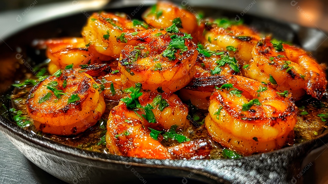A imagem mostra camarões preparados, provavelmente salteados ou grelhados, e servidos com um molho e temperos.