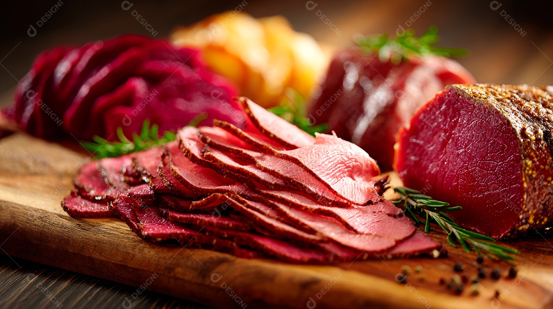 A imagem mostra pastrami fatiado, uma iguaria de charcutaria..