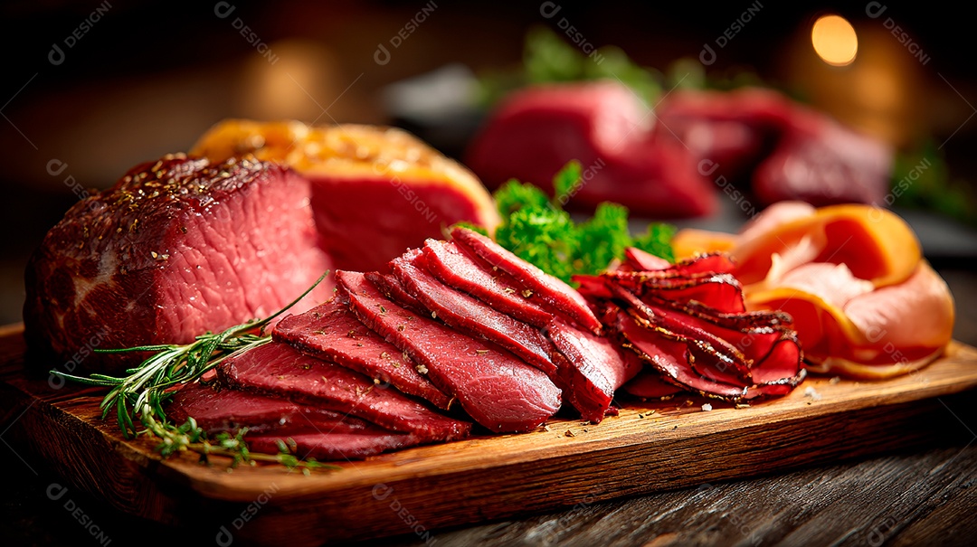 A imagem mostra pastrami fatiado, uma iguaria de charcutaria..