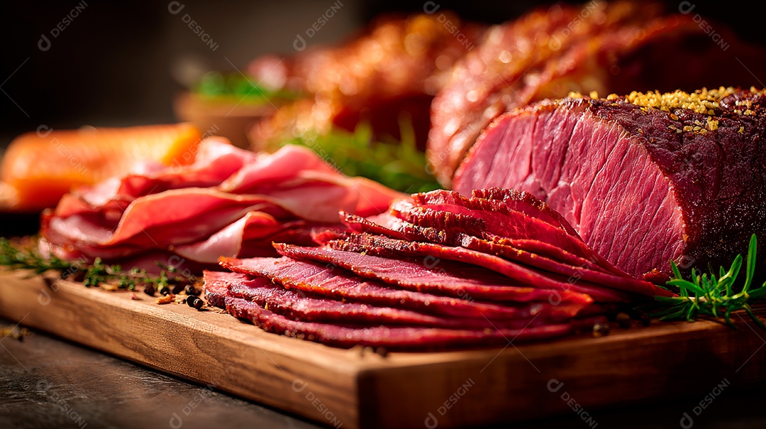 A imagem mostra pastrami fatiado, uma iguaria de charcutaria..