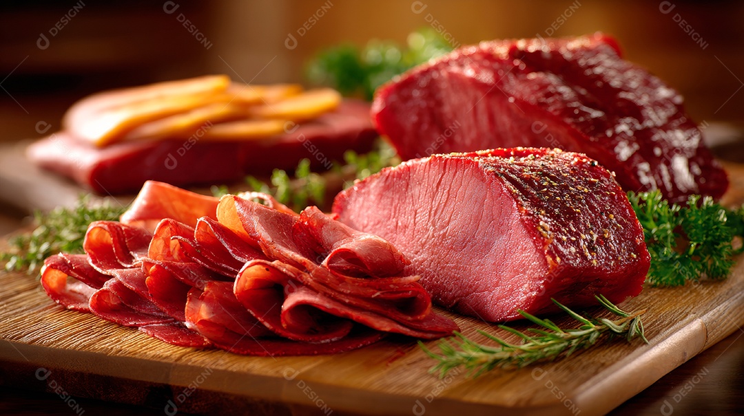 A imagem mostra pastrami fatiado, uma iguaria de charcutaria..