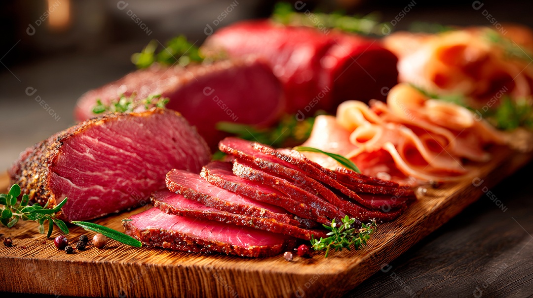 A imagem mostra pastrami fatiado, uma iguaria de charcutaria..