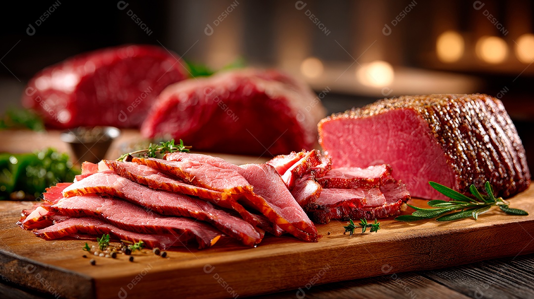 A imagem mostra pastrami fatiado, uma iguaria de charcutaria..