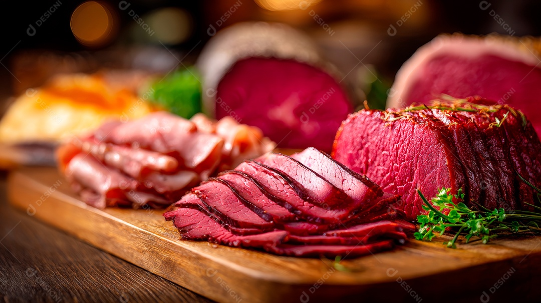 A imagem mostra pastrami fatiado, uma iguaria de charcutaria..