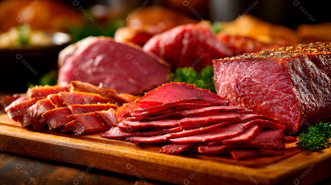 A imagem mostra pastrami fatiado, uma iguaria de charcutaria..