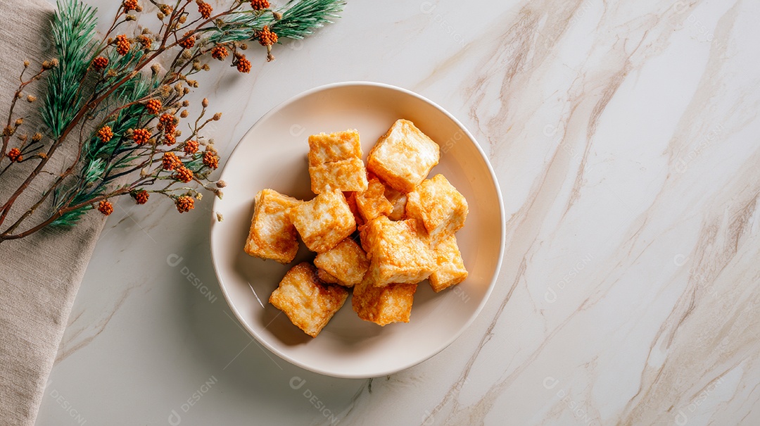 A imagem mostra tofu preparado, que é um alimento versátil e nutritivo de origem chinesa.