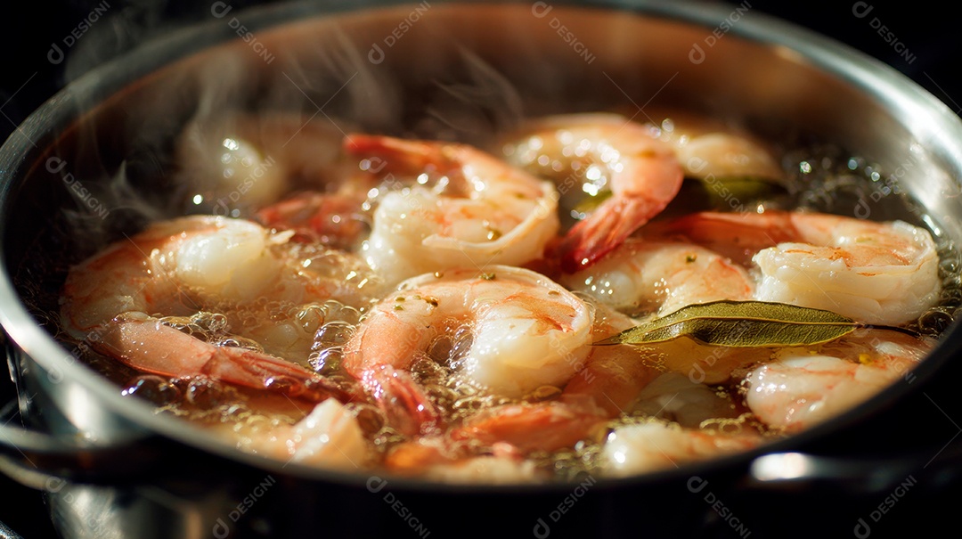 A imagem mostra camarões sendo cozidos em uma panela.