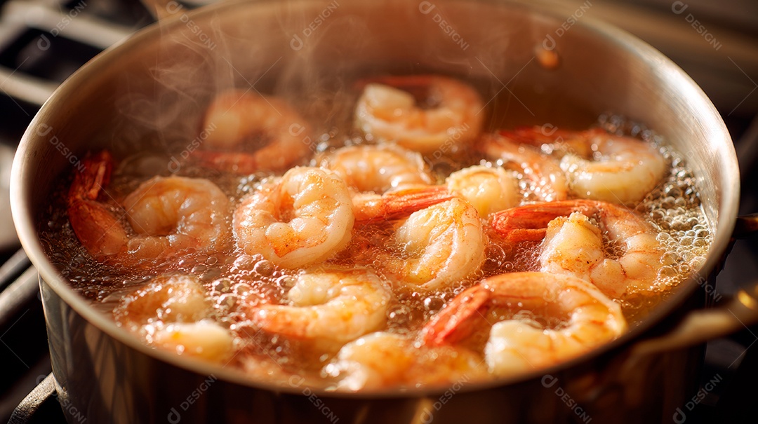 A imagem mostra camarões sendo cozidos em uma panela.