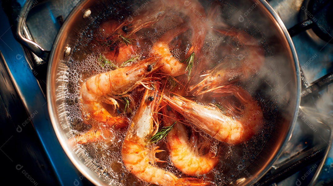 A imagem mostra camarões sendo cozidos em uma panela.