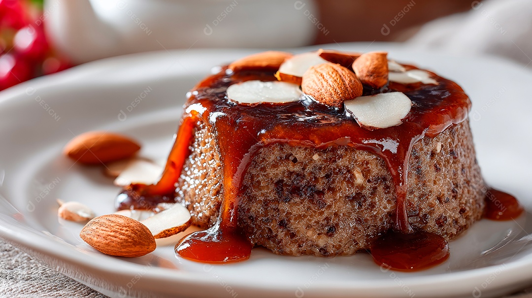 A imagem mostra um bolo ou sobremesa coberto com calda de chocolate, coco ralado e granulado.