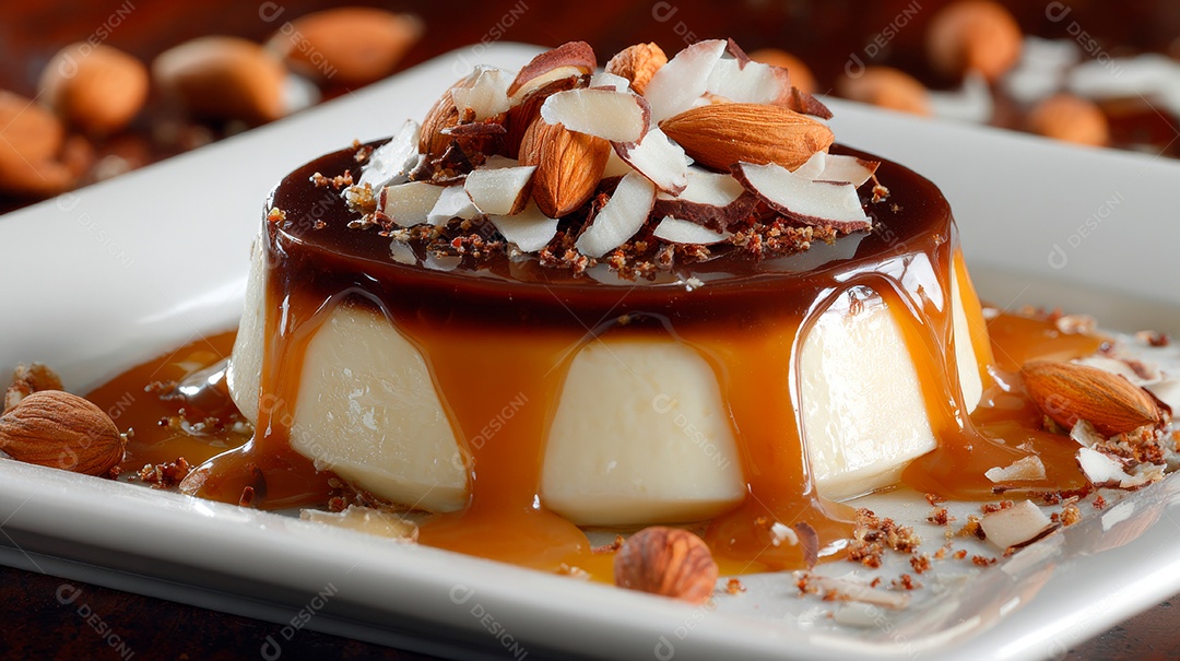 A imagem mostra um bolo ou sobremesa coberto com calda de chocolate, coco ralado e granulado.