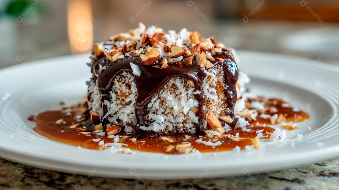 A imagem mostra um bolo ou sobremesa coberto com calda de chocolate, coco ralado e granulado.